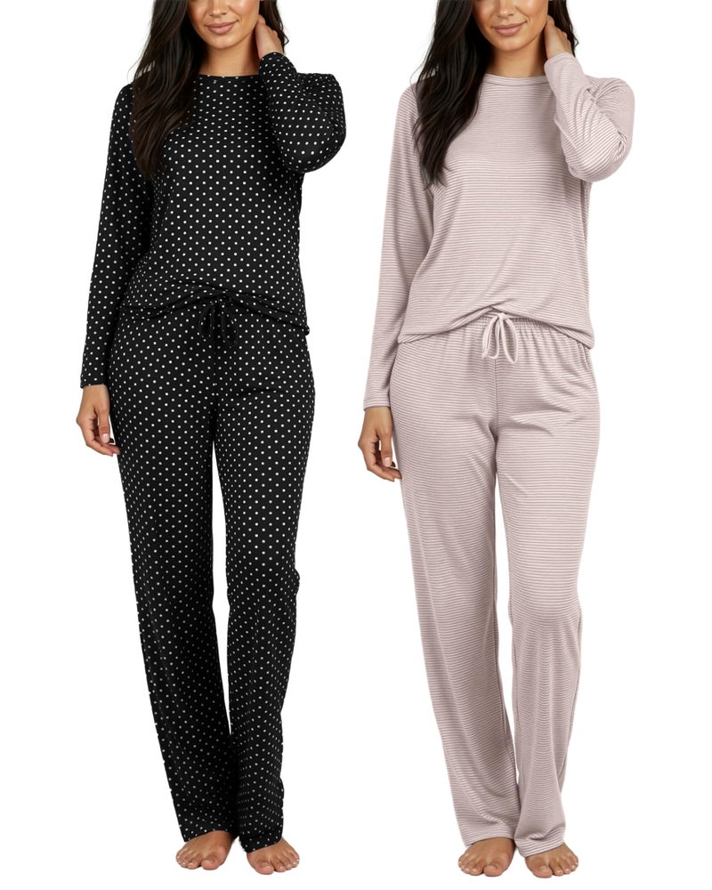 REALESSENTIALS Real Essentials 2 Pack: Women's Comfy Pajama Sets - Short & Long Sleeve Ladies Loungewear Sleepwear PJs (Set C Black & Pink, Small) - Image 1